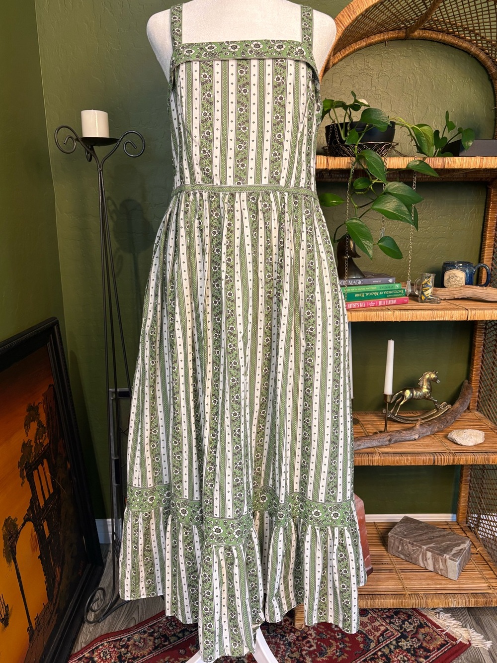 Max Studio Green and White Striped Floral Sundress Midi Corset Tiered Ruffles